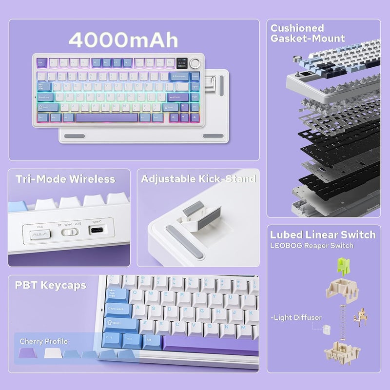 EPOMAKER X Aula F75 MAX Wireless Mechanical Keyboard with TFT Screen and Knob, Gasket Gaming Keyboard in 75% Layout, Hot Swappable, RGB Backlight, for PC/Mac/Linux (Blue&White&Purple) - Image 2